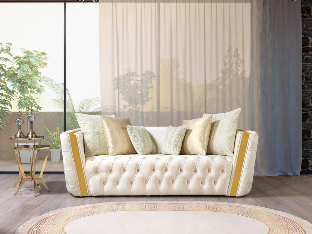 Elegant Tufted Ivory & Gold Velvet Sofa & Loveseat