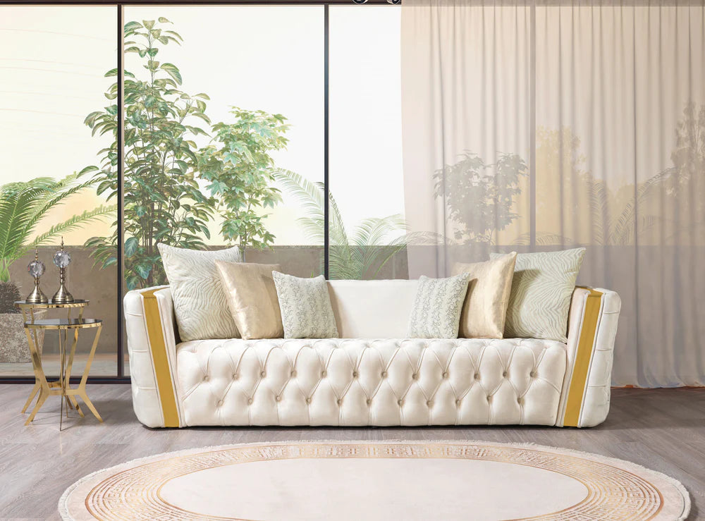 Elegant Tufted Ivory & Gold Velvet Sofa & Loveseat