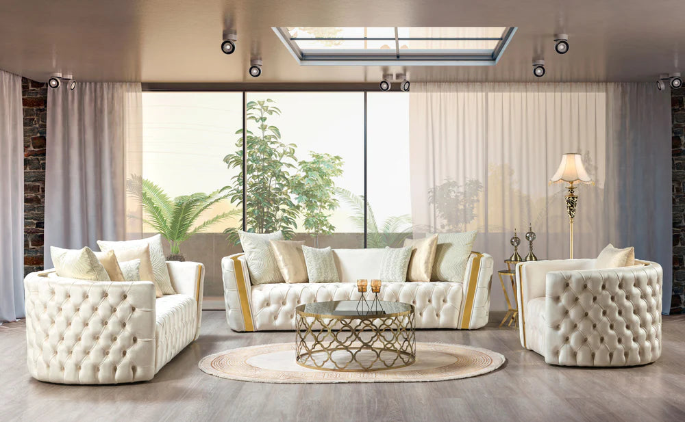 Elegant Tufted Ivory & Gold Velvet Sofa & Loveseat
