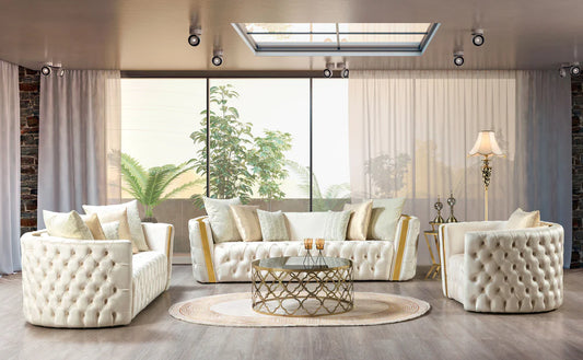 Elegant Tufted Ivory & Gold Velvet Sofa & Loveseat