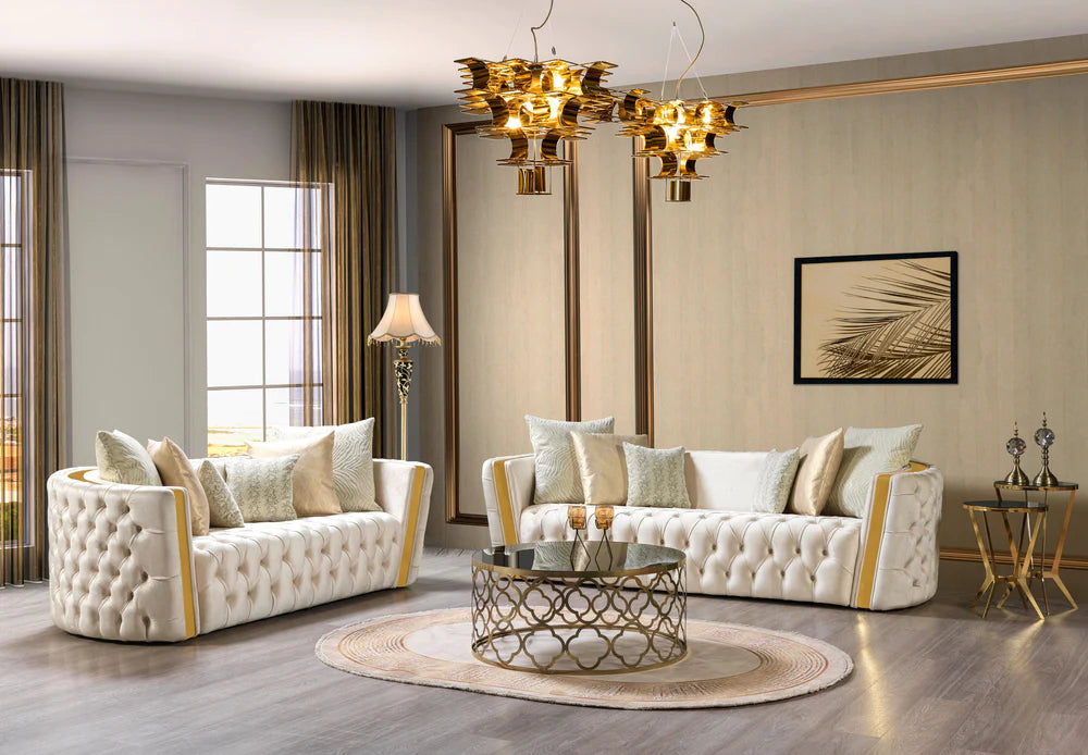 Elegant Tufted Ivory & Gold Velvet Sofa & Loveseat