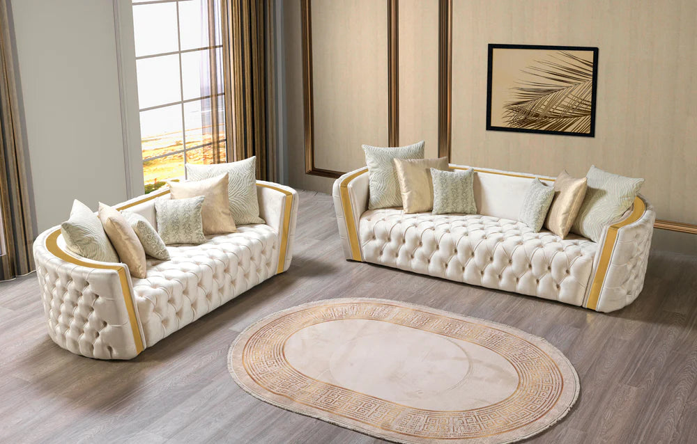 Elegant Tufted Ivory & Gold Velvet Sofa & Loveseat