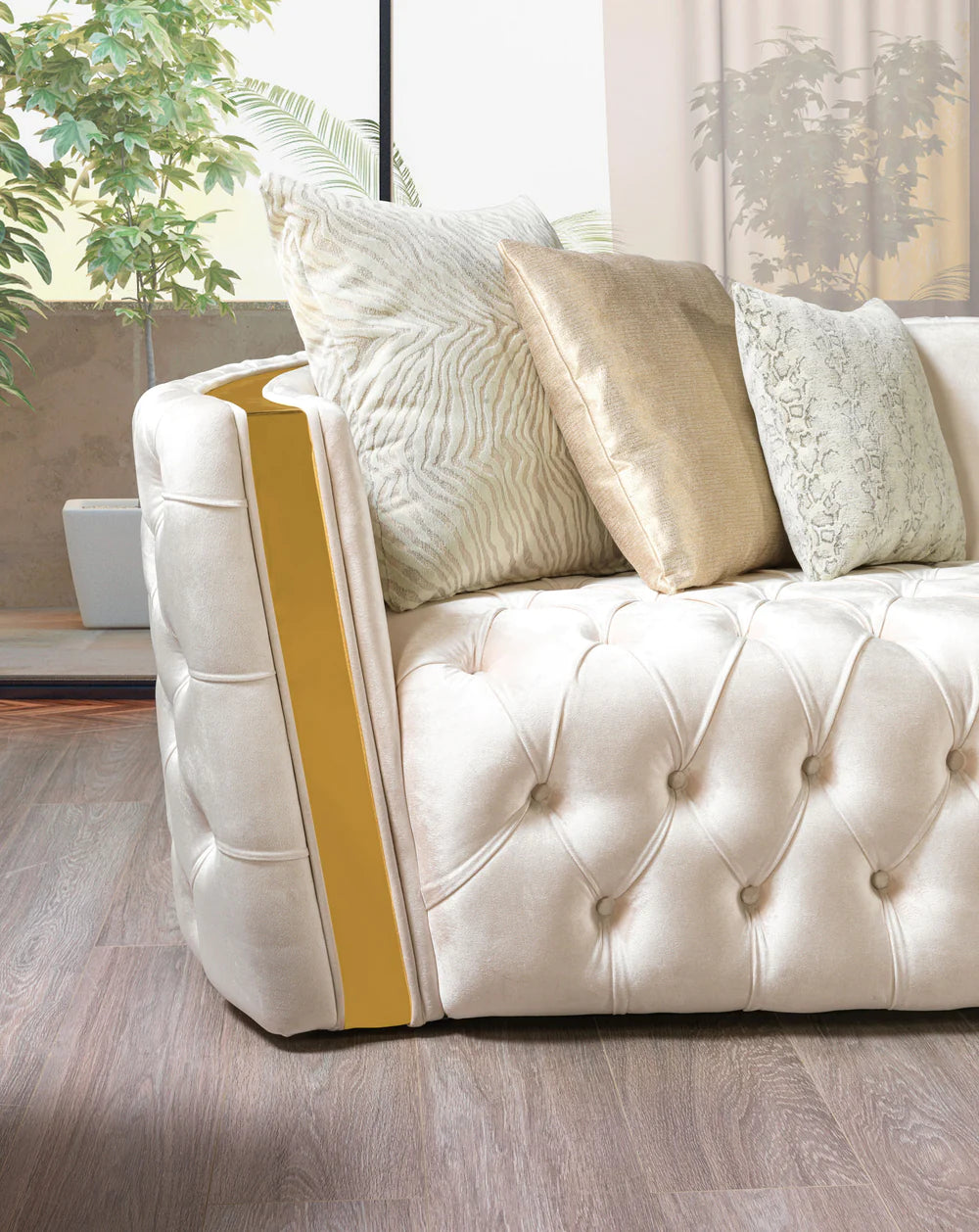 Elegant Tufted Ivory & Gold Velvet Sofa & Loveseat