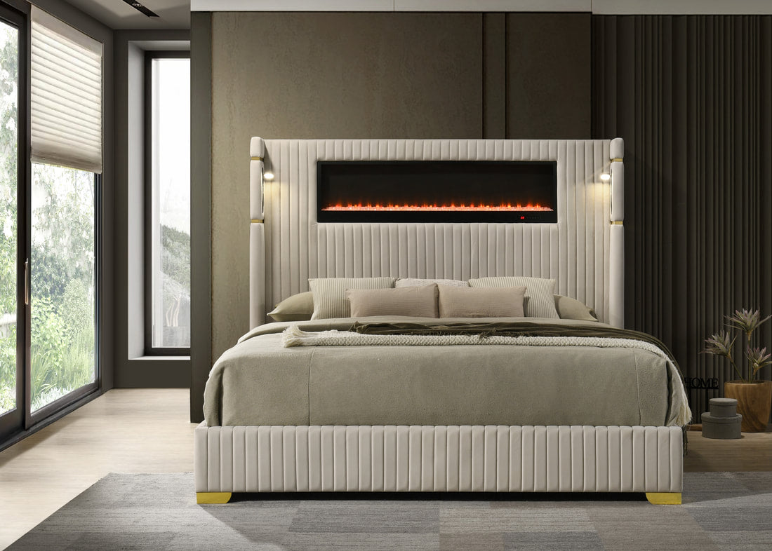 Romance2 Cream Fireplace Velvet Platform Bed Frame