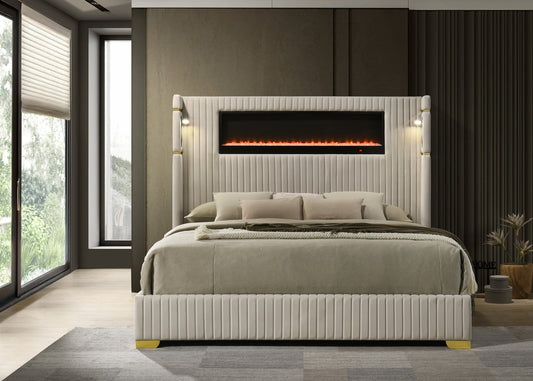 Romance2 Cream Fireplace Velvet Platform Bed Frame