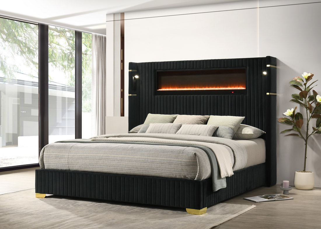 Romance2 Black Fireplace Velvet Platform Bed Frame