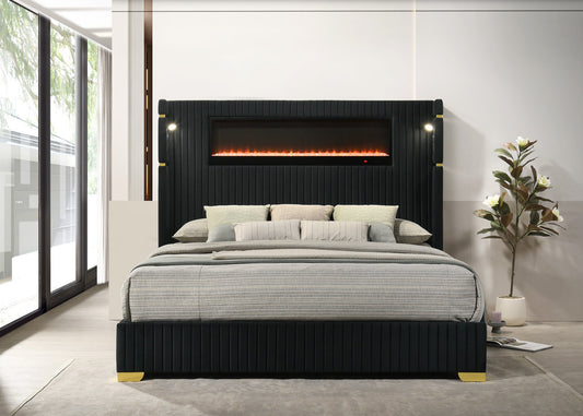 Romance2 Black Fireplace Velvet Platform Bed Frame