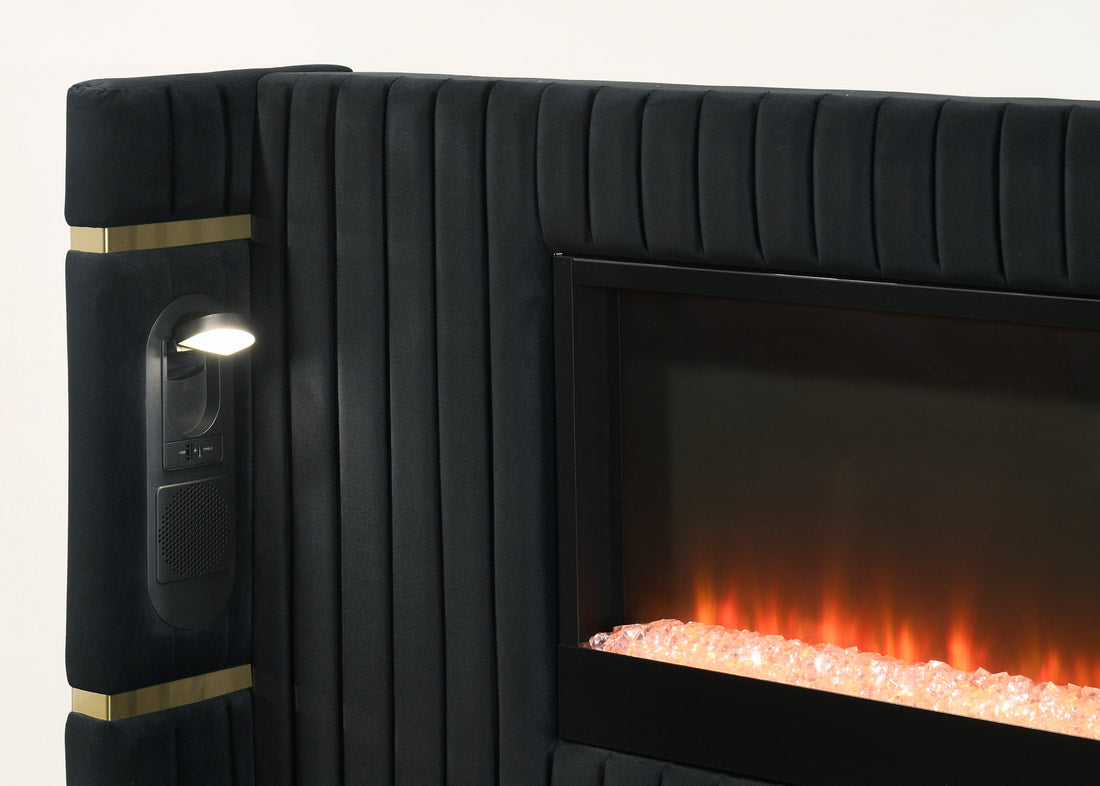 Romance2 Black Fireplace Velvet Platform Bed Frame