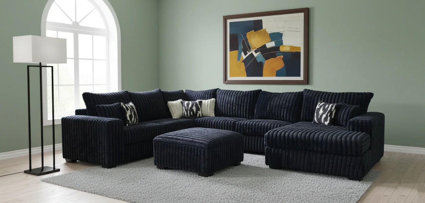 S320 Texan Black Thick Corduroy Sectional & Ottoman