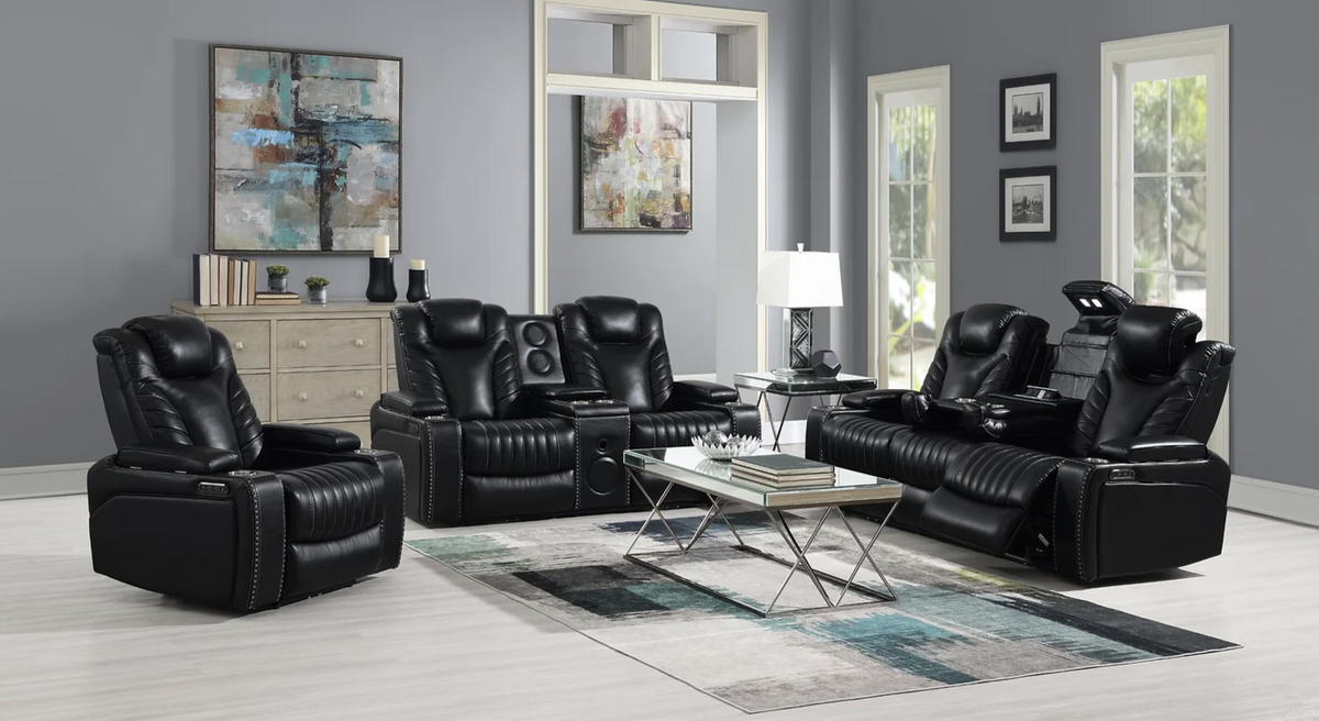 3pcs Zeus Black Leather Power Reclining Sofa Set