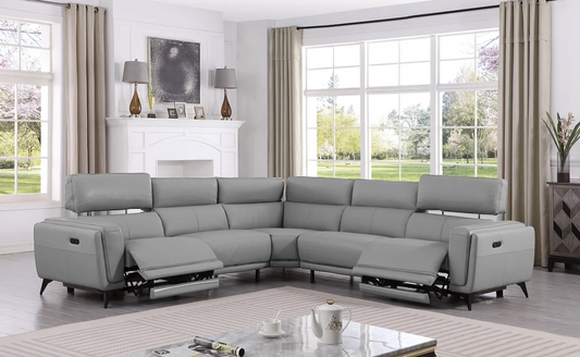 Lorenzo Light Grey Leather Power Sectional