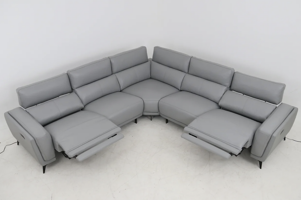 Lorenzo Light Grey Leather Power Sectional