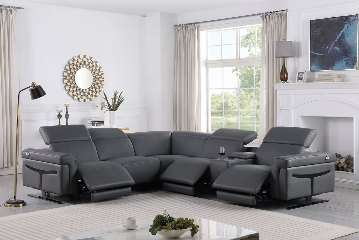 6pcs Lucca Dark Grey Leather Power Sectional