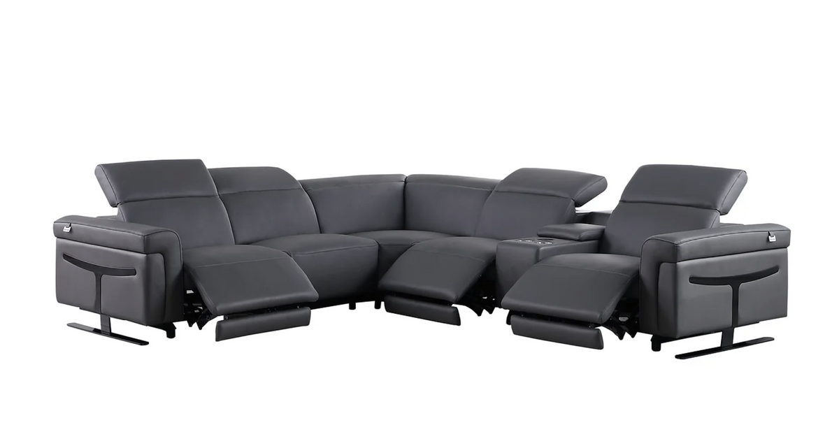 6pcs Lucca Dark Grey Leather Power Sectional