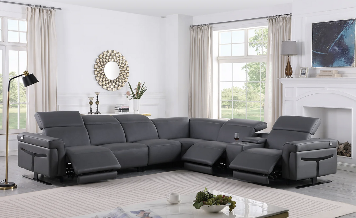 7pcs Lucca Dark Grey Leather Power Sectional