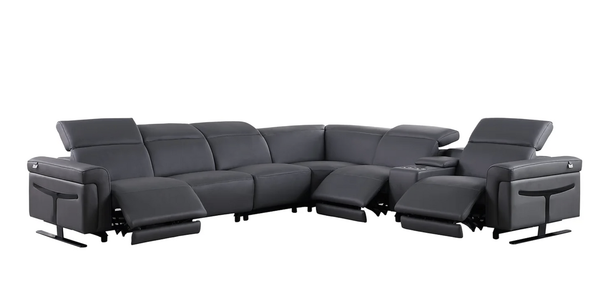 7pcs Lucca Dark Grey Leather Power Sectional