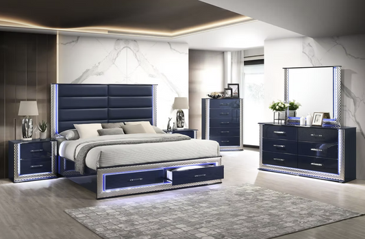 4pcs or 5pcs B80 Aya Dark Blue Highgloss LED Bedroom Set