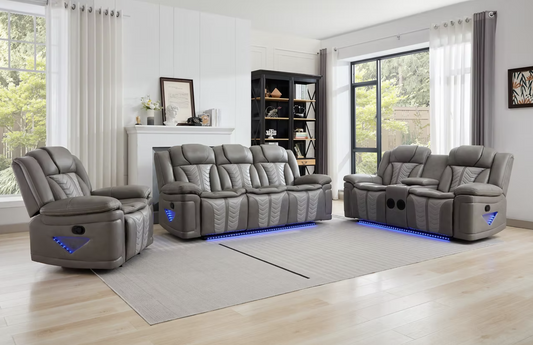 S2025 Innova Grey Leather Reclining Sofa Set