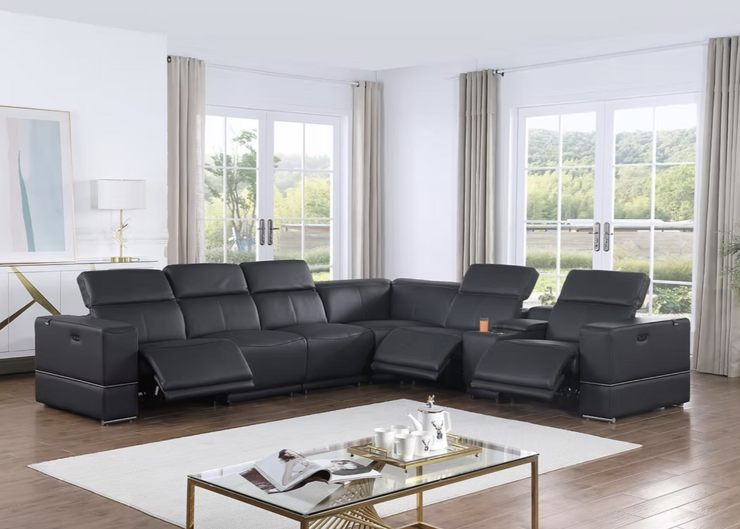 7pcs MI-1122 Franco Dark Navy Leather Power Sectional