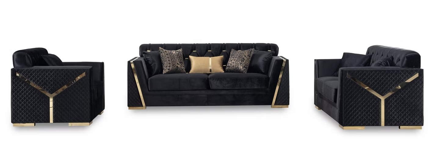 3pcs or 2pcs S2401 Hilena Black & Gold Sofa, Loveseat & Chair