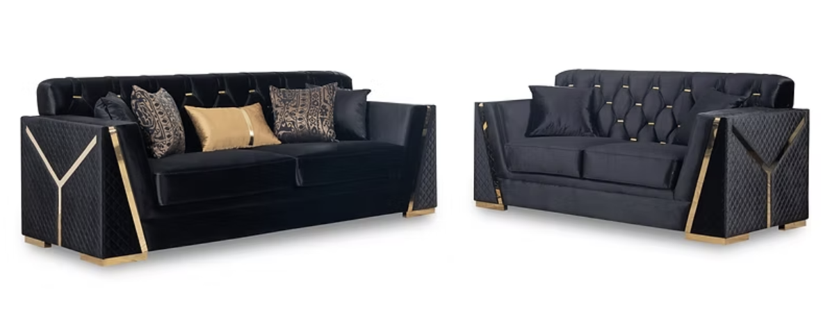 3pcs or 2pcs S2401 Hilena Black & Gold Sofa, Loveseat & Chair