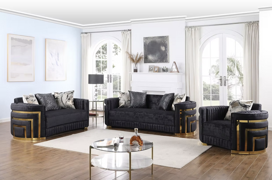 3pcs or 2pcs S3300 Minerva Black Velvet Sofa, Loveseat & Chair