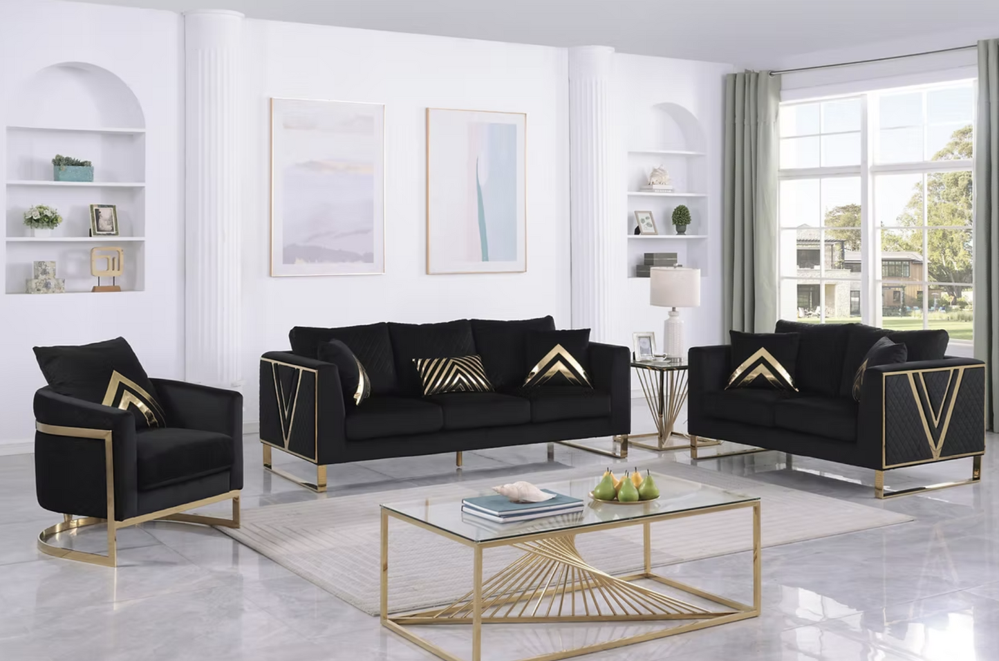 3pcs or 2pcs S1300 Vista Bonita Black Velvet Sofa Loveseat & Chair