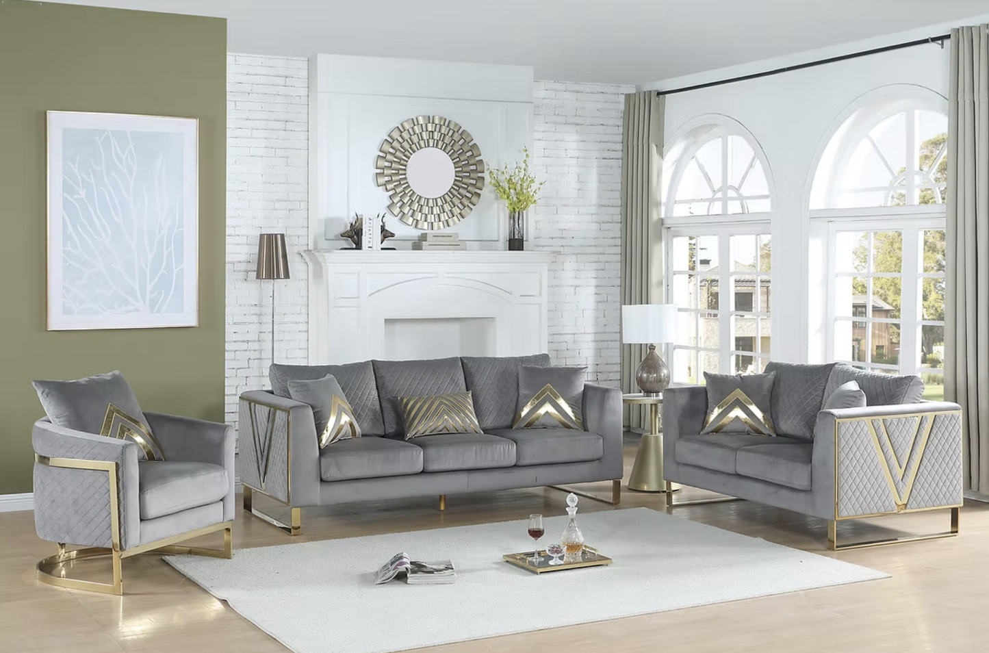 3pcs or 2pcs S1300 Vista Bonita Grey Velvet Sofa Loveseat & Chair