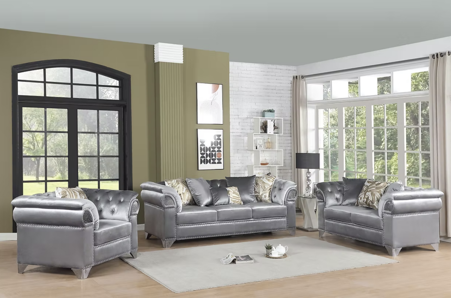 3pcs or 2pcs S3600 Emma Grey Velvet Sofa, Loveseat & Chair