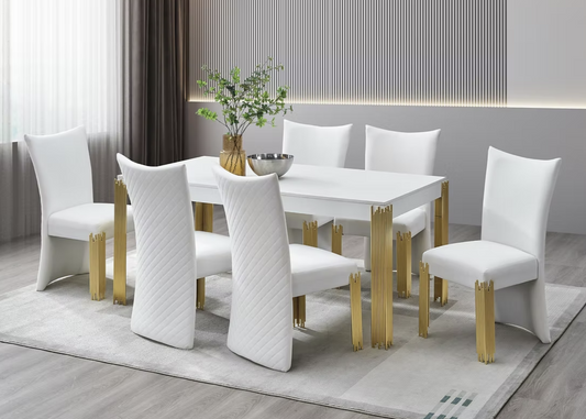 7pcs D9060 Glamor White Finish Dining Set