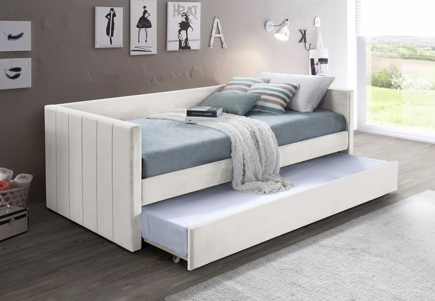 B9360 Vivi Beige Velvet Daybed with Trundle