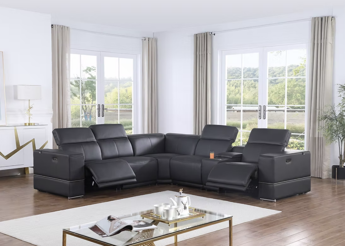6pcs MI-1122 Franco Dark Navy Leather Power Sectional