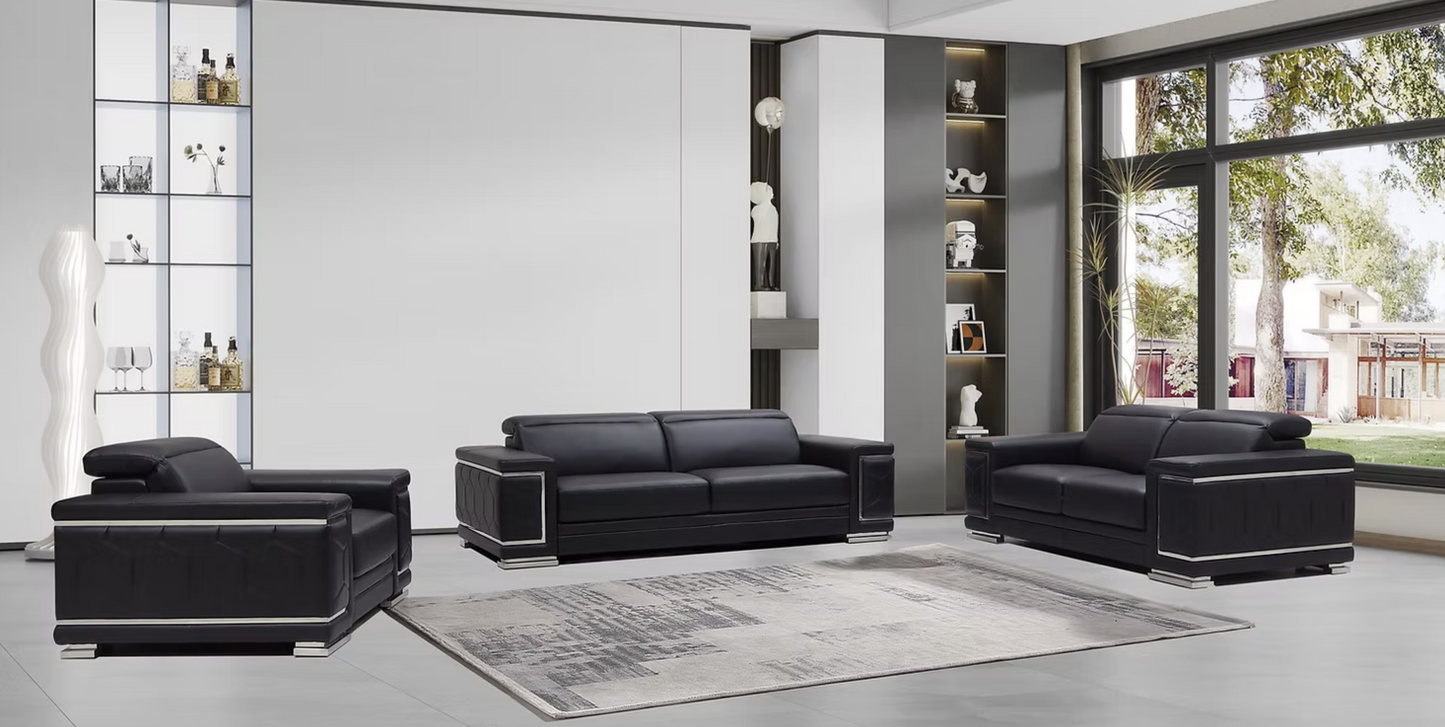 MI-2205 Adrian Black Leather Sofa, Loveseat & Chair