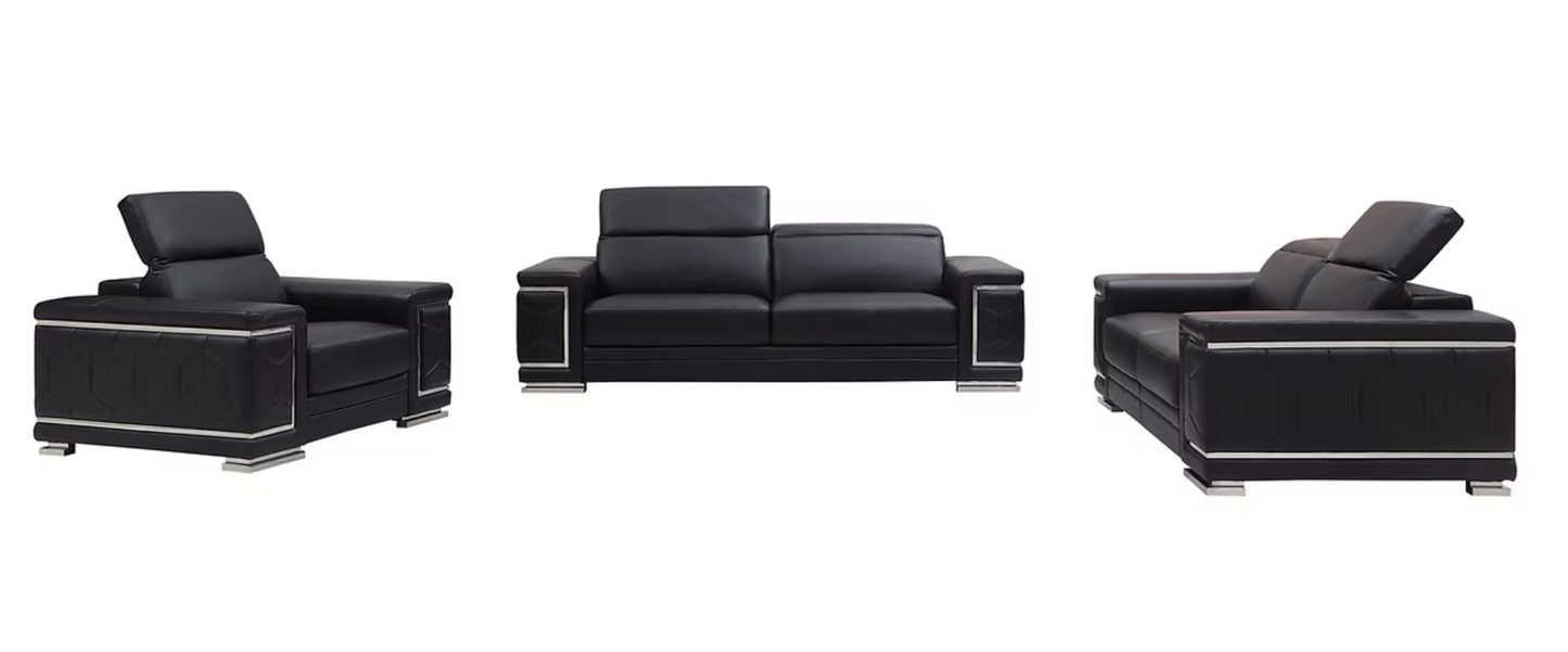 MI-2205 Adrian Black Leather Sofa, Loveseat & Chair