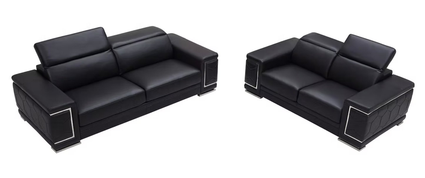 MI-2205 Adrian Black Leather Sofa, Loveseat & Chair