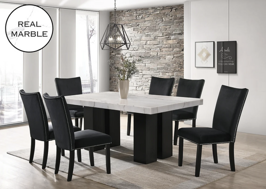 7pcs D1230 Valentino Black Genuine Marble Top Dining Set
