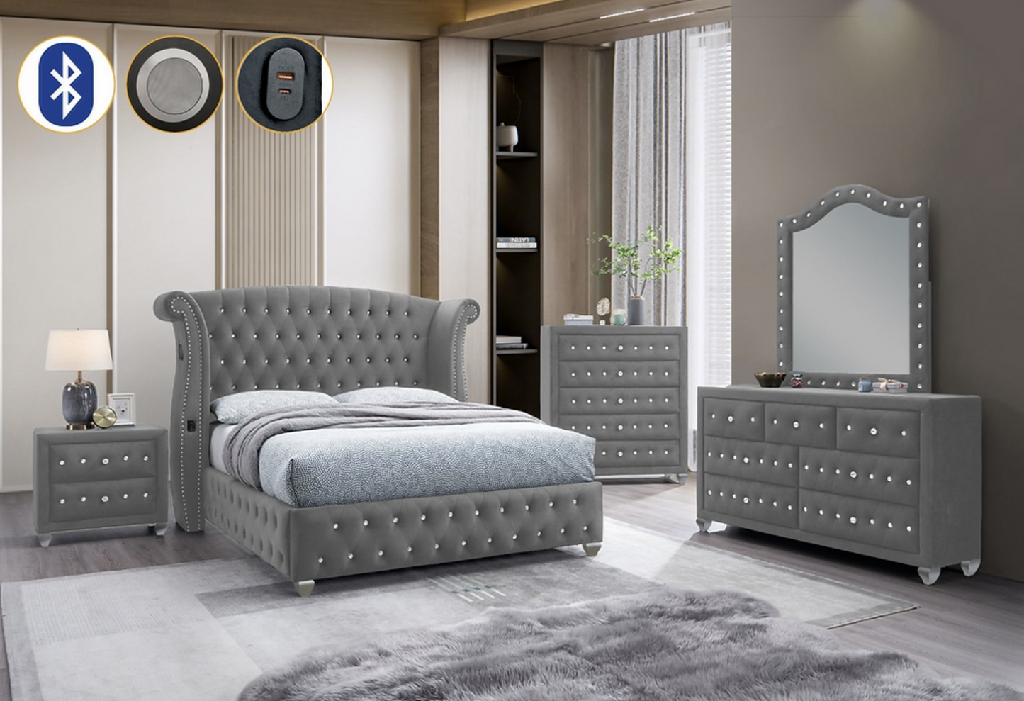5pcs or 4pcs B2030 Divina Grey Diamond Bedroom Set