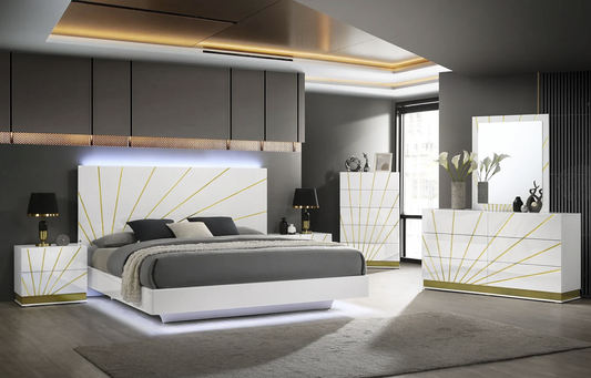 5pcs or 4pcs B59 Safa White & Gold Finish Highgloss LED Bedroom Set