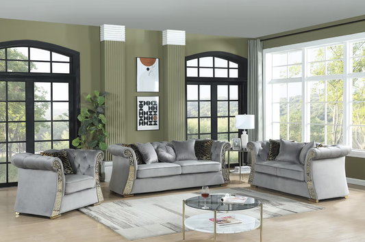 3pcs or 2pcs S1600 Curamo Grey Velvet Sofa, Loveseat & Chair