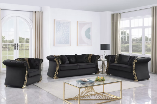 3pcs or 2pcs S1600 Curamo Black Velvet Sofa, Loveseat & Chair