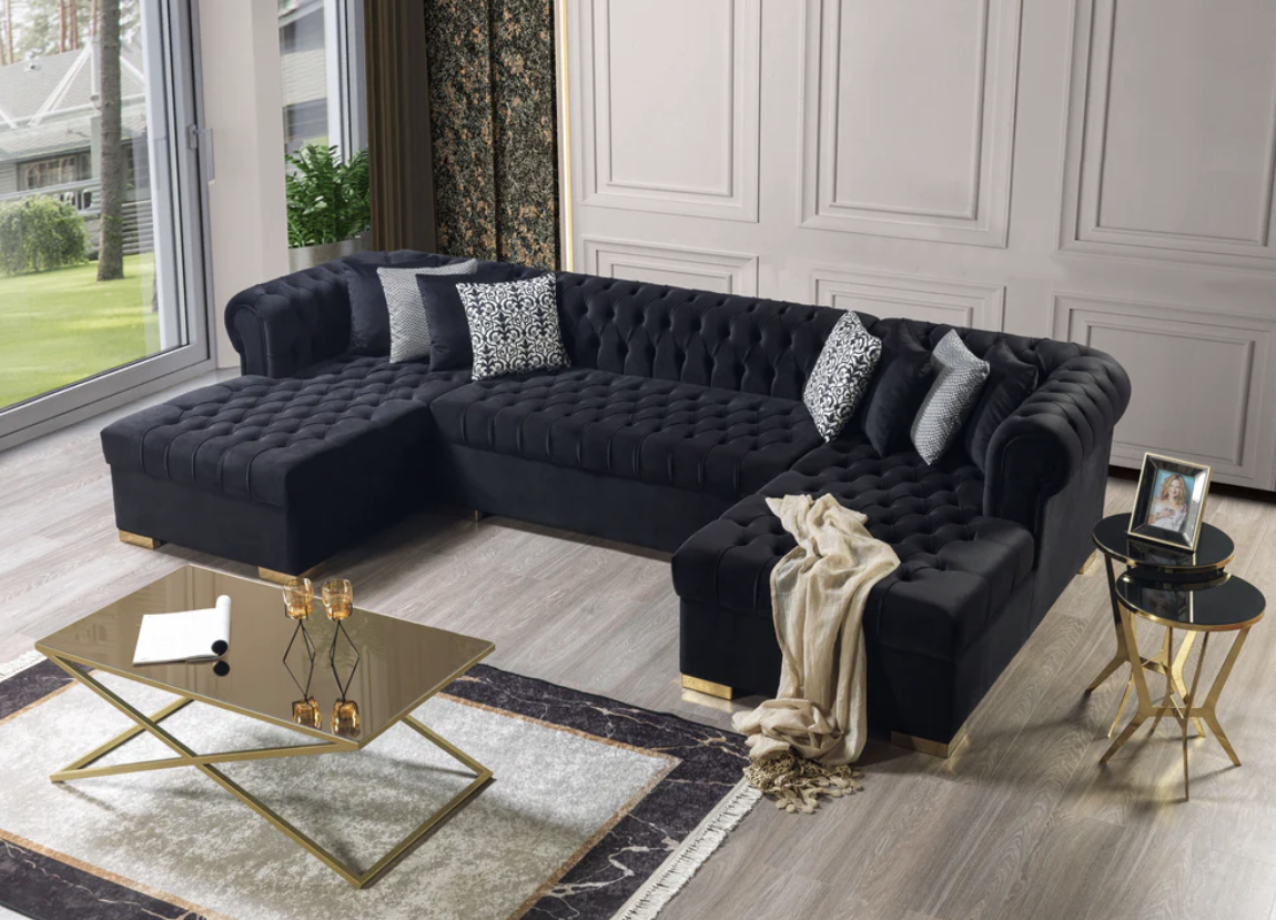 Lauren Black Velvet Tufted Double Chaise Sectional