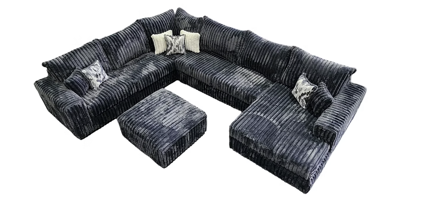 S320 Texan Grey Thick Corduroy Oversized Sectional & Ottoman