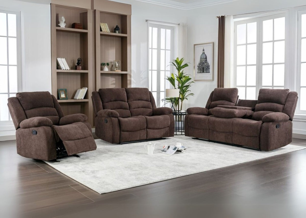 3pcs Dynamo Chocolate Fabric Reclining Sofa Set
