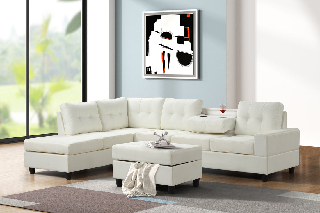 Heights White Linen Reversible Sectional & Storage Ottoman Set