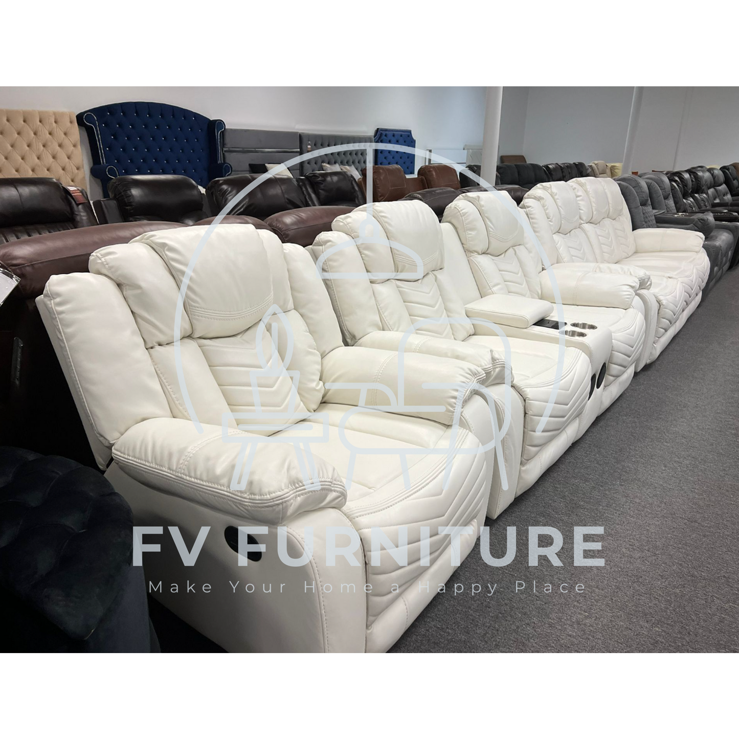 3pcs Lucky Charm White Leather Speaker LED Reclining Sofa Set