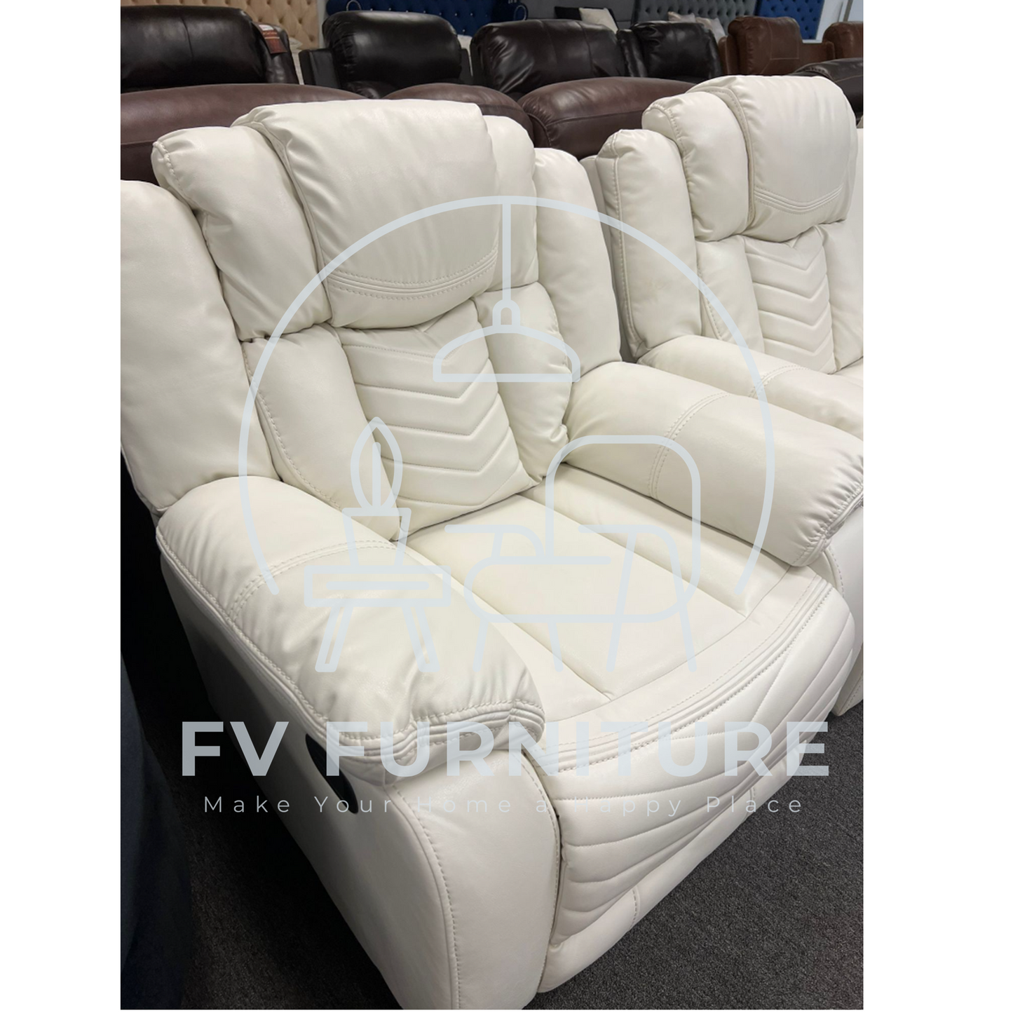 3pcs Lucky Charm White Leather Speaker LED Reclining Sofa Set