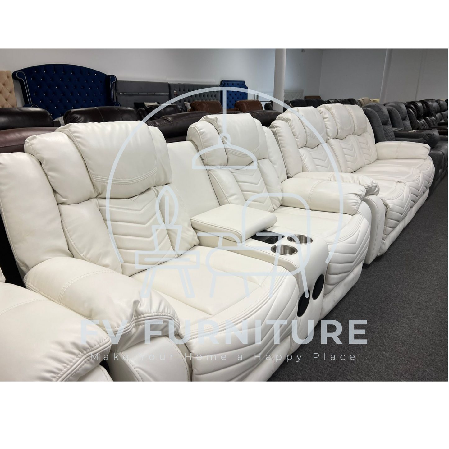 3pcs Lucky Charm White Leather Speaker LED Reclining Sofa Set