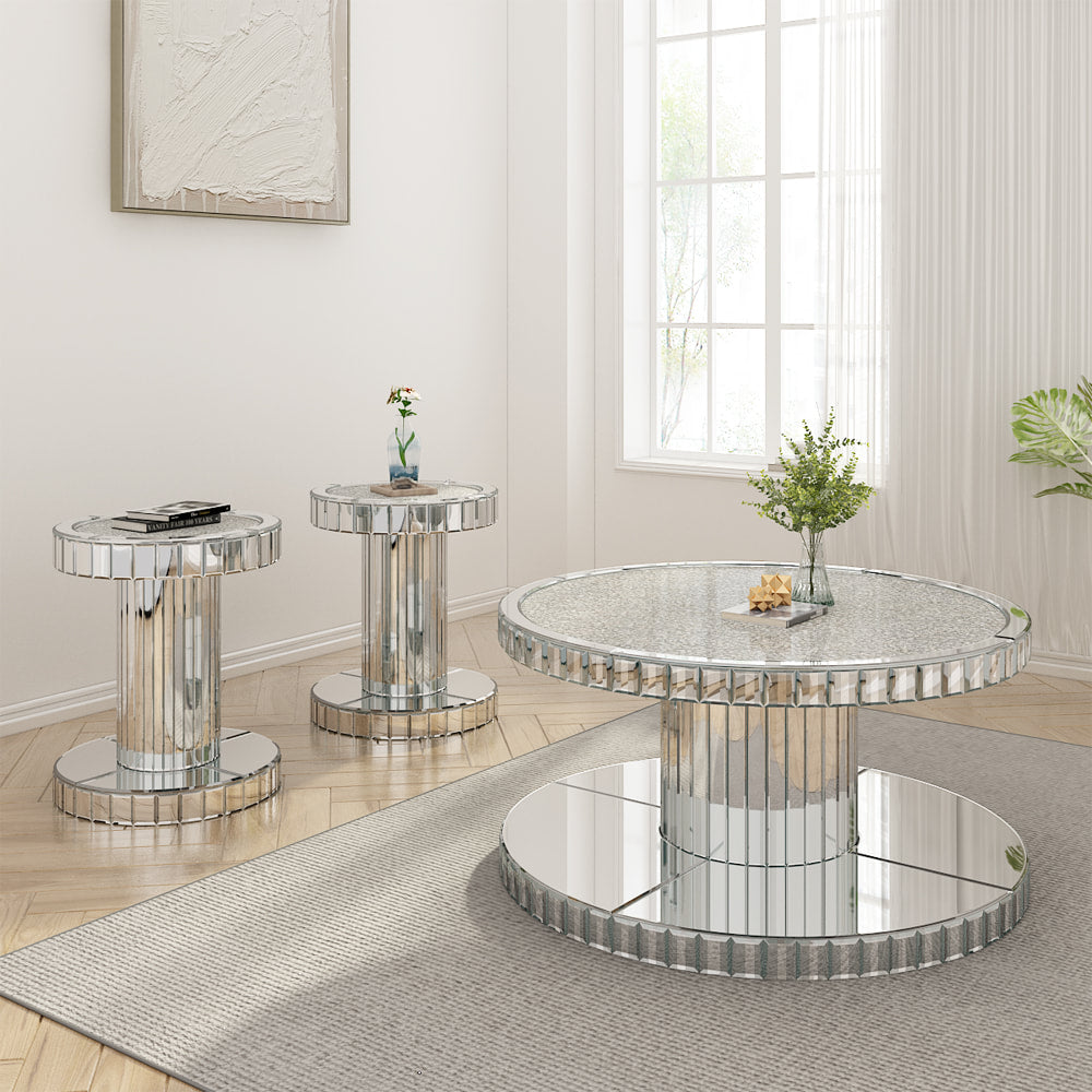 Round Glass Mirror Coffee Table Set