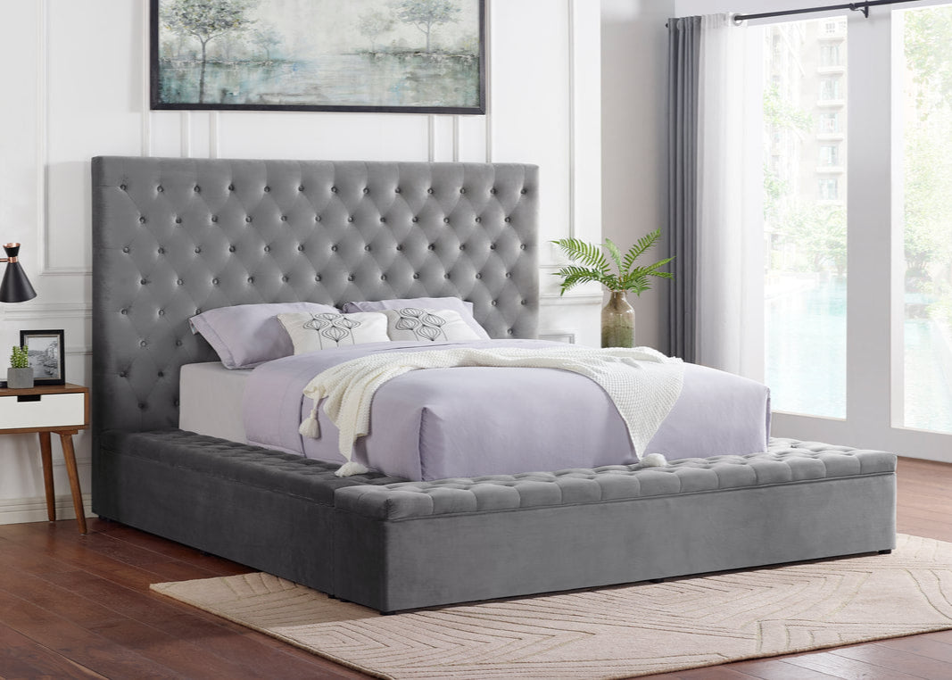 Paris Grey Velvet Tufted Storage Platform Bed Frame