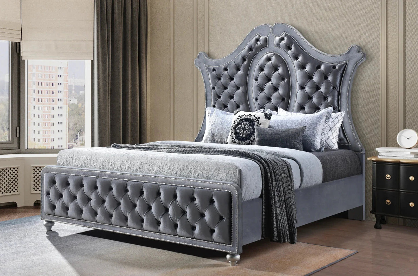 5pcs Cameo Grey Velvet Bedroom Set